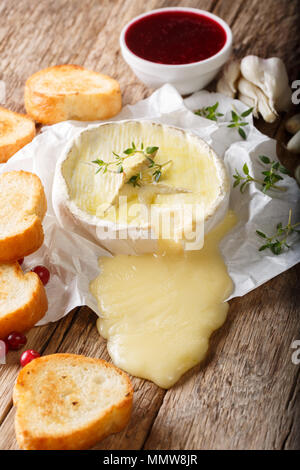 Delicious baked camembert cheese with thyme and garlic is served with toast and cranberry sauce close-up on the table. vertical Stock Photo