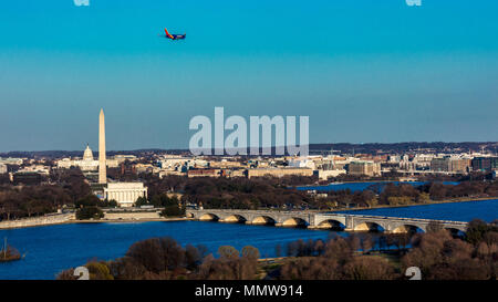 MARCH 26, 2018 - ARLINGTON, VA - WASH D.C. - Aerial view of Washington D.C. from Top of Town restaurant, Arlington, Virginia shows Lincoln & Washington Memorial and U.S. Capitol and Memorial Bridge crossing Potomac River Stock Photo