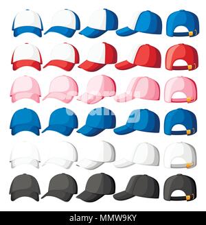 Baseball cap. Collection of various caps. Blue, white, pink and red colors. Summer hats for children and adults. Cartoon style design. Vector illustra Stock Vector