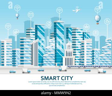 Group of skyscrapers. City design elements. Smart city concept with smart services and icons, internet of things. Vector illustration on sky backgroun Stock Vector