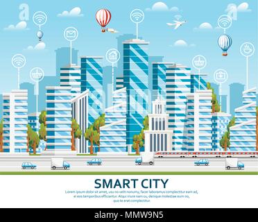 City design elements with green trees. Smart city concept with smart services and icons, internet of things. Vector illustration on sky with cloud bac Stock Vector