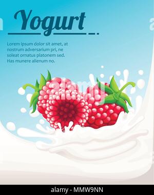 Raspberries flavored yogurt. Milk splashing and raspberries berries. Yogurt ads in flat style. Vector illustration on light blue background. Place for Stock Vector