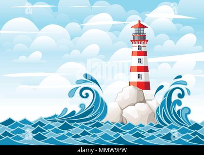 Stormy sea with lighthouse on rock stones island. Nature or marine design. Flat style. Vector illustration with sky and clouds background. Stock Vector