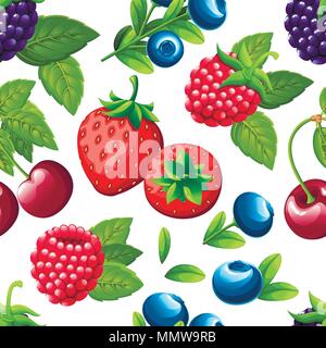 Seamless pattern of sweet berries. Illustration with strawberry, cherry, raspberry, blackberry and blueberry. Berries with green leaves. Vector illust Stock Vector