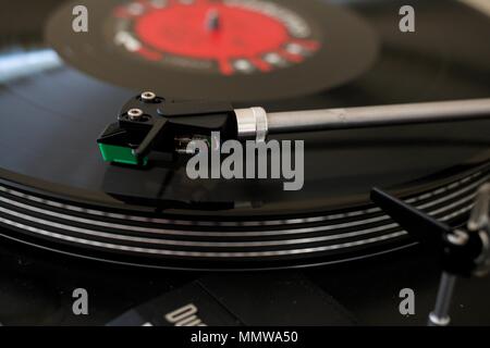 Vinyl record on old Dual 505 turntable Stock Photo