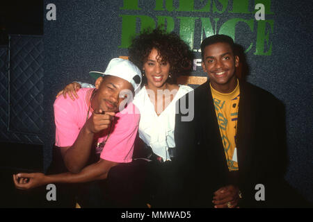 LOS ANGELES, CA - JULY 18: (L-R) Actor Will Smith, actress Karyn Parsons and actor Alfonso Ribeiro attend NBC All Stars Party on July 18, 1990 in Los Angeles, California. Photo by Barry King/Alamy Live News Stock Photo