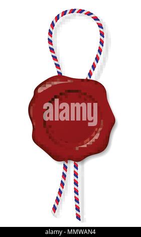 Red wax seal with three-color cord, with reflections and shadow, isolated on white background - vector Stock Vector