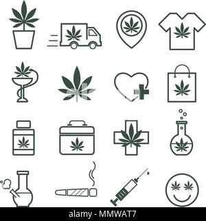 Marijuana, Cannabis icons. Set of medical marijuana icons. Marijuana leaf. Drug consumption. Marijuana Legalization. Isolated vector illustration. Stock Vector