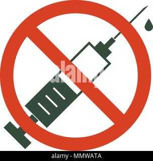 No drugs allowed. Syringe with forbidden sign. Syringe icon in prohibition red circle. Vector illustration isolated on white background. Stock Vector