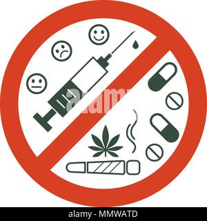 No drugs allowed. Drugs, marijuana leaf with forbidden sign - no drug. Drugs icon in prohibition red circle. Anti drugs. Just say no. Isolated vector  Stock Vector