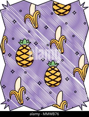 abstract frame with pineapples and bananas pattern over white background, vector illustration Stock Vector