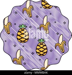 circular frame with pineapples and bananas pattern over white background, vector illustration Stock Vector