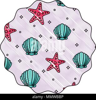 decorative circular frame with seashell and sea stars pattern over white background, vector illustration Stock Vector