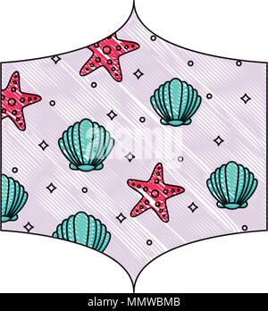 decorative frame with seashell and sea stars pattern over white background, vector illustration Stock Vector