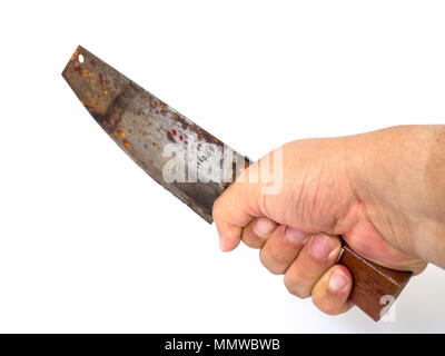 Man hand holding big kitchen rusty knife on white background (isolated background). Stock Photo