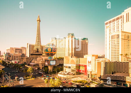 Sunny view down the Vegas Strip with many famous hotels, resorts, casinos and shops in view. Stock Photo