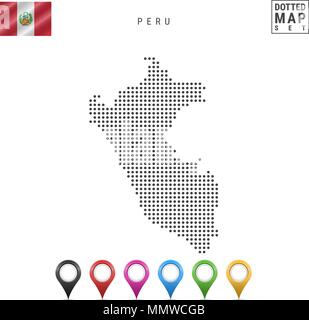 Vector Dotted Map of Peru. Simple Silhouette of Peru. The National Flag of Peru. Set of Multicolored Map Markers Stock Vector