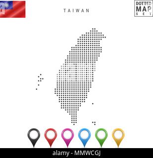 Vector Dotted Map of Taiwan. Simple Silhouette of Taiwan. The National Flag of Taiwan. Set of Multicolored Map Markers Stock Vector