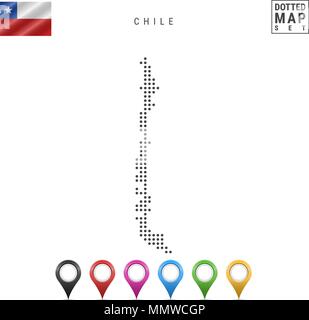 Vector Dotted Map of Chile. Simple Silhouette of Chile. The National Flag of Chile. Set of Multicolored Map Markers Stock Vector