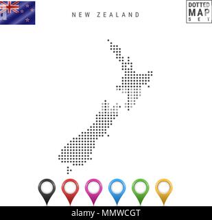 Vector Dotted Map of New Zealand. Simple Silhouette of New Zealand. Flag of New Zealand. Set of Multicolored Map Markers Stock Vector