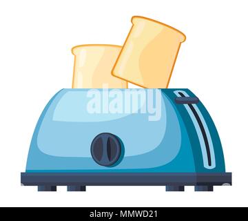 Blue toaster. Steel toaster with two slices of bread. Cartoon style design. Vector illustration isolated on white background. Stock Vector