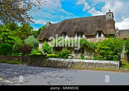 The pretty thatched roof cottage known as Church Cottage, in the small village of Merthyr Mawr, near Bridgend, South Wales Stock Photo