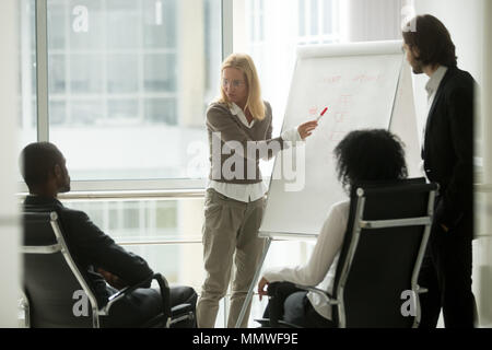 Businesswoman leader or business coach giving presentation to di Stock Photo