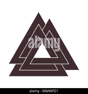 Vector triangle illustration: Valknut, the symbol of Germanic paganism, the sign of god Odin, runic knot or Hrungnir heart. Valknut rune as the symbol of the Germanic peoples. Stock Vector