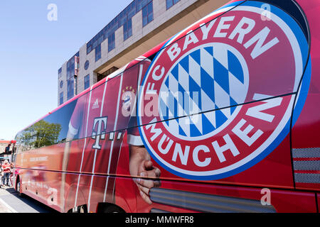 team bus of the FC Bayern Munich football department. The FC Bayern the most successful club in German football history. Stock Photo