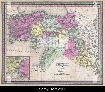 .  English: An extremely attractive example of S. A. Mitchell Sr.’s 1853 map of Turkey in Asia. This map, made when the Ottoman Empire controlled much of the Middle East, covers what is today Turkey, Cyprus, Iraq, Israel, Palestine, Jordan, Lebanon, and Syria. Ottoman provinces are color coded and numbered. An inset map in the lower left quadrant shows the environs of Constantinople (Istanbul). Surrounded by the green border common to Mitchell maps from the 1850s. Prepared by S. A. Mitchell for issued as plate no. 66 in the 1853 edition of his New Universal Atlas . Dated and copyrighted, “Ente Stock Photo