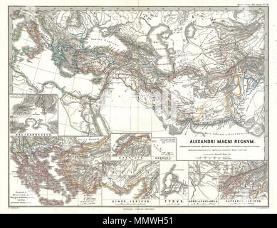 .  English: A fascinating 1854 historical map of the Empire of Alexander the Great. Shows Alexander's conquests at their fullest extent covering from Italy to the mouths of the Indus River and from the Black Sea to the Nile Valley. A series of insets in the lower quadrants of the map depict various sites associated with Alexander's most important battles, including Halicarnassus, Sinus Issicus, Cranicus, Hammonii, Tyrus (Tyre), Arbela, Gavcamela, and Caucasus Indicus. A further inset in the lower left quadrant details Greece, Macedonia, and the Aegean. The overall style of this map is typical  Stock Photo