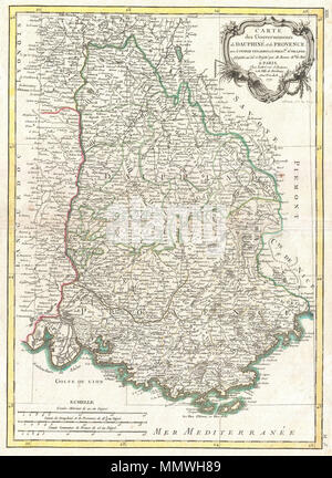 .  English: A beautiful example of Rigobert Bonne's decorative map of the French regions of Provence and Dauphine. Covers the region in full from Savoy to the Mediterranean and from Languedoc to Nice. This region, known as the playground of Europe's elite, is admired for its stunning natural beauty, distinctive culture, superb cuisine, delightful beaches, and fantastic wines. Identifies Nice, Cannes, St. Tropez, Toulon, and many other cities. A large decorative title cartouche appears in the upper right quadrant. Drawn by R. Bonne in 1771 for issue as plate no. M 5 in Jean Lattre's 1776 issue  Stock Photo