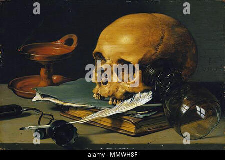 Still Life with a Skull and a Writing Quill. 1628. Pieter Claeszoon - Still Life with a Skull and a Writing Quill Stock Photo