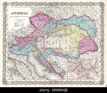 .  English: This rare hand colored map of Austria is a copper plate engraving dating to 1856. Produced by the important mid 19th century American map publisher J. H. Colton. Covers the Austria, Croatia-Slavonia, Hungary, the Czech Republic (Bohemia), Romania, Transylvania, and parts of Italy including Lombardy and Venice. Prepared out of Colton's 172 William St, New York, office for inclusion as plate no. 17 in the single volume 1856 issue of Colton's Atlas of the World . Colton initially issued his atlas by subscription in two separate volumes, one for North America (issued in 1855) and one f Stock Photo