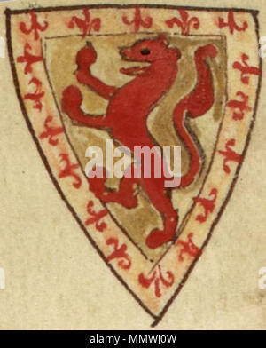 . English: Coat of arms of Alexander II, King of Scots. This coat of arms appears on folio 146v of Royal MS 14 C VII. Note, however, that the coat of arms is inverted in the manuscript, and that I have rotated it 180 degrees so that the shield appears right side up. The reason the shield is inverted in the manuscript is because it marks the king's death.  . 13th century. Matthew Paris Coat of arms of Alexander II, King of Scots Stock Photo