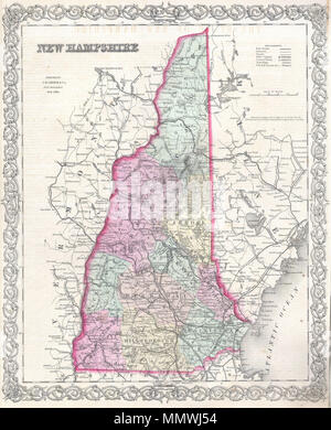 .  English: One of the few maps specifically of New Hampshire published in the mid- 19th century. Depicts the state in full with superb detail regarding the cities, transportation system, geographical features and counties. Prepared by J. H Colton for inclusion as plate no. 10 in the 1855 issue of Colton’s New General Atlas . Dated and copyrighted “Entered according to act of Congress in the year 1855 by J. H. Colton & Co. in District Court for the Southern Dist. of New York.  New Hampshire.. 1855 (dated). 1855 Colton Map of New Hampshire - Geographicus - NewHampshire-colton-1855 Stock Photo