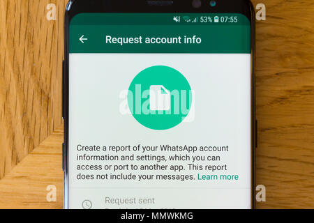The "Request Account Info" page for the Whatsapp app on a smartphone Stock Photo