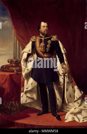 . Portrait of William III (1817–1890), King of the Netherlands, standing, at full-length, in uniform with an eremine robe, holding hHis right hand akimbo and his left hand on the sword. To the left on a pillow on a table are placed the crown en the sceptre.  Portrait of William III, King of the Netherlands. 1856. Willem III (1817-90), koning der Nederlanden, Nicolaas Pieneman, 1856, Rijksmuseum Stock Photo