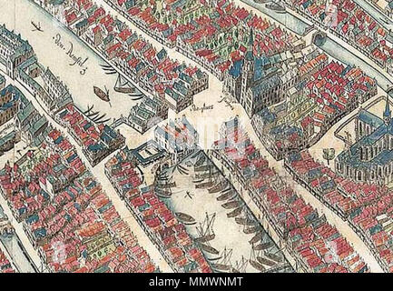 .  English: A portion of a bird's eye map of Amsterdam (facing inland, approximately south) made by Cornelis Anthonisz in the year 1544. The Dam is in the center, with the Old Town Hall and the Nieuwe Kerk to the right.  Bird's eye view of Amsterdam. 1544. Cornelis Anthonisz. - vogelvluchtkaart amsterdam 1544 - Detail Dam Stock Photo