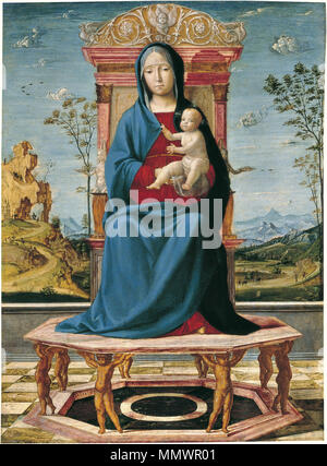 The Virgin and Child enthroned. circa 1495. Lorenzo Costa - La Vergine e il Bambino in trono (Museo Thyssen-Bornemisza) Stock Photo