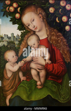 Virgin and Child with St. John under an apple tree. circa 1535. Lucas Chranach d. Ae. - Maria mit dem Kinde und dem Johannesknaben unter dem Apfelbaum (Kunsthalle Karlsruhe) Stock Photo