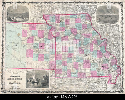 .  English: A beautiful example of A. J. Johnson’s 1862 map of Missouri and Kansas. One of Johnson’s more decorative maps, this rare map offers a fascinating snapshot of these hotly contested states shortly following the outbreak of the American Civil War. Map shows all three states in full with color coding according to county. Offers three inset woodcuts: “Fire on the Prairie”, Santa Fe From the Great Missouri Trail” and American Indians “Spearing Fish” at night from river canoes. Depicts the two states in an early configuration with western Kansas largely unsurveyed. Notes important transco Stock Photo