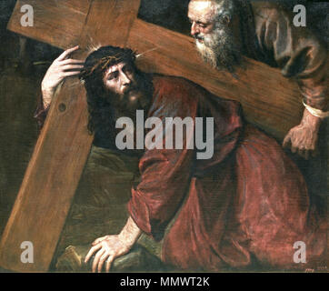 .  Español: La obra representa a Jesucristo cargando con la cruz en la que sería crucificado y dirigiéndose hacia el monte Calvario.  Christ Carrying the Cross. circa 1560. Cristo camino del Calvario, de Tiziano (Museo del Prado) Stock Photo