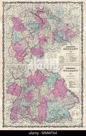 .  English: This is A. J. Johnson and Ward’s 1862 map of western Germany. Divided into two separate maps. The upper map depicts the states of Westphalia, Clevesberg (Rhein Provinces), Hessen Cassel Darmstadt, Brunswick, Schwarzburg, Frankfurt, Waldeck, Reuss, Saxen Coburg Gotha Meiningen, Saxen Altenburg, Weimar and Luxemburg. The lower map focuses on Bavaria, Wurtenburg, Baden, Frankfurt and Hessen Homburg. Depicting the large and award region of the German Confederation has always been a challenge for Johnson. This is one of Johnson’s earliest attempts, dividing the region into four separate Stock Photo