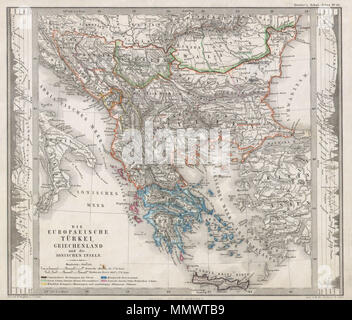 .  English: This fascinating 1862 map by Justus Perthes and Stieler depicts Greece, the Balkans, parts of Turkey, and the islands of the Adriatic as far south as Crete or Candia. Extends as far north as Croatia, Bosnia, Serbia, Bulgaria, Rumania and Macedonia. In a cartographic flourish unique to Perthes, elevation profile charts decorate the right and left borders of the map. Unlike other cartographic publishers of the period, the Justus Perthes firm, did not transition to lithographic printing techniques until the early 1870s. Instead, all of his maps are copper plate engravings and hence of Stock Photo