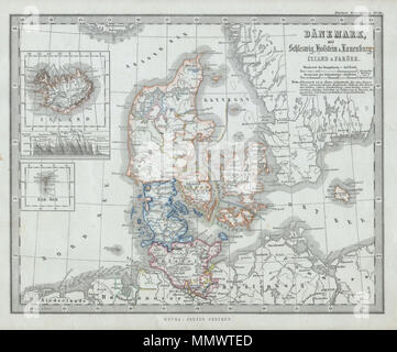 .  English: This fascinating 1862 map by Justus Perthes and Stieler depicts Denmark, Schleswig, Holstein, Iceland, and the Faeroe Islands. There are inset maps of Ireland and the Faeroe Islands. In a display of cartographic flair unique to Perthes maps, a land elevation profile is depicted on the bottom of the Iceland map. Unlike other cartographic publishers of the period, the Justus Perthes firm, did not transition to lithographic printing techniques. Instead, all of his maps are copper plate engravings and hence offer a level of character and depth of detail that was impossible to find in l Stock Photo