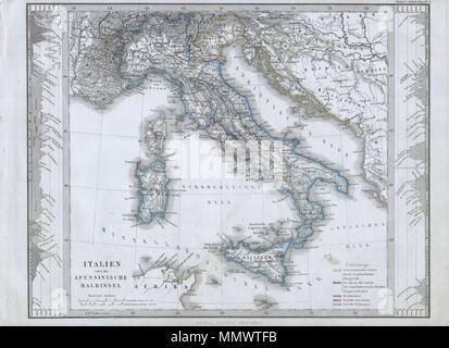 .  English: This fascinating 1862 map by Justus Perthes and Stieler depicts Italy. In cartographic flourish unique to Perthes, land profiles decorate either side o the map. When this map was made Italy was in the midst of its national struggle for solidarity. The regional capitol was Florence and Rome and the Papal States alone maintained their independence. All text is in German. Unlike other cartographic publishers of the period, the Justus Perthes firm, did not transition to lithographic printing techniques. Instead, all of his maps are copper plate engravings and hence offer a level of cha Stock Photo