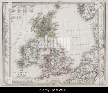 .  English: This fascinating 1862 map by Justus Perthes and Stieler depicts the British Isles including England, Scotland and Ireland. In a cartographic flourish unique to Perthes, land profiles of the region are depicts to the left and right of the map proper. Unlike other cartographic publishers of the period, the Justus Perthes firm, did not transition to lithographic printing techniques. Instead, all of his maps are copper plate engravings and hence offer a level of character and depth of detail that was impossible to find in lithography or wax-process engraving. Issued in the 1862 edition Stock Photo