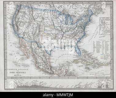 .  English: This fascinating 1862 map by Justus Perthes and Stieler depicts the United States, Mexico and the West Indies. Made at the height of the Civil War, this map separates the Union and Confederate States. The Union is Blue – as is the whole. The Confederate states are pink. Undeclared states and territories are depicted in Yellow. In cartographic flourish unique to Perthes, land profiles decorate the bottom of the map. All text is in German. Unlike other cartographic publishers of the period, the Justus Perthes firm, did not transition to lithographic printing techniques. Instead, all  Stock Photo