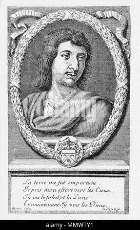 . English: Cyrano de Bergerac (1619 – 1655) French dramatist and soldier, author of The Comical History of the States and Empires of the Moon and The Comical History of the States and the Empires of the Sun. Legend: La terre me fut importune / Je pris mon eſsort vers les Cieux / J'y vis le Soleil, et la Lune / Et maintenant J'y vois les Dieux. . First Half of the 17th Century. ZH pinxit W. delin. et Sculpsit Cyrano de Bergerac01 Stock Photo